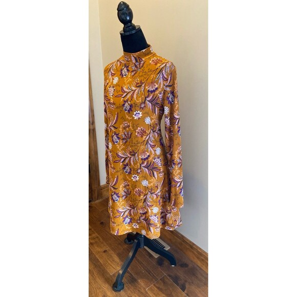 Mudd Dress Size Large Warm Gold & Purple Print Long Sleeve Stretchy Work Casual - Picture 4 of 12